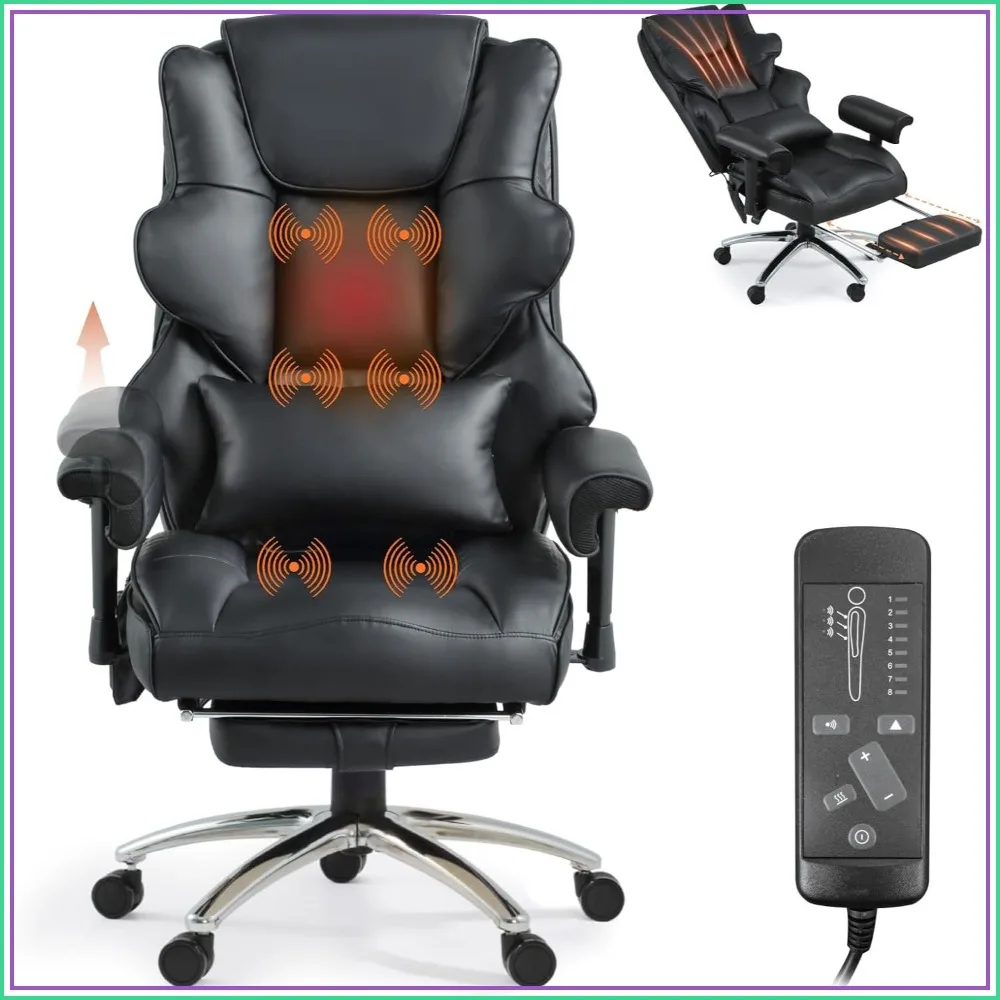 Vibration Massage Heated Office Desk Chair with Foot Rest, Black