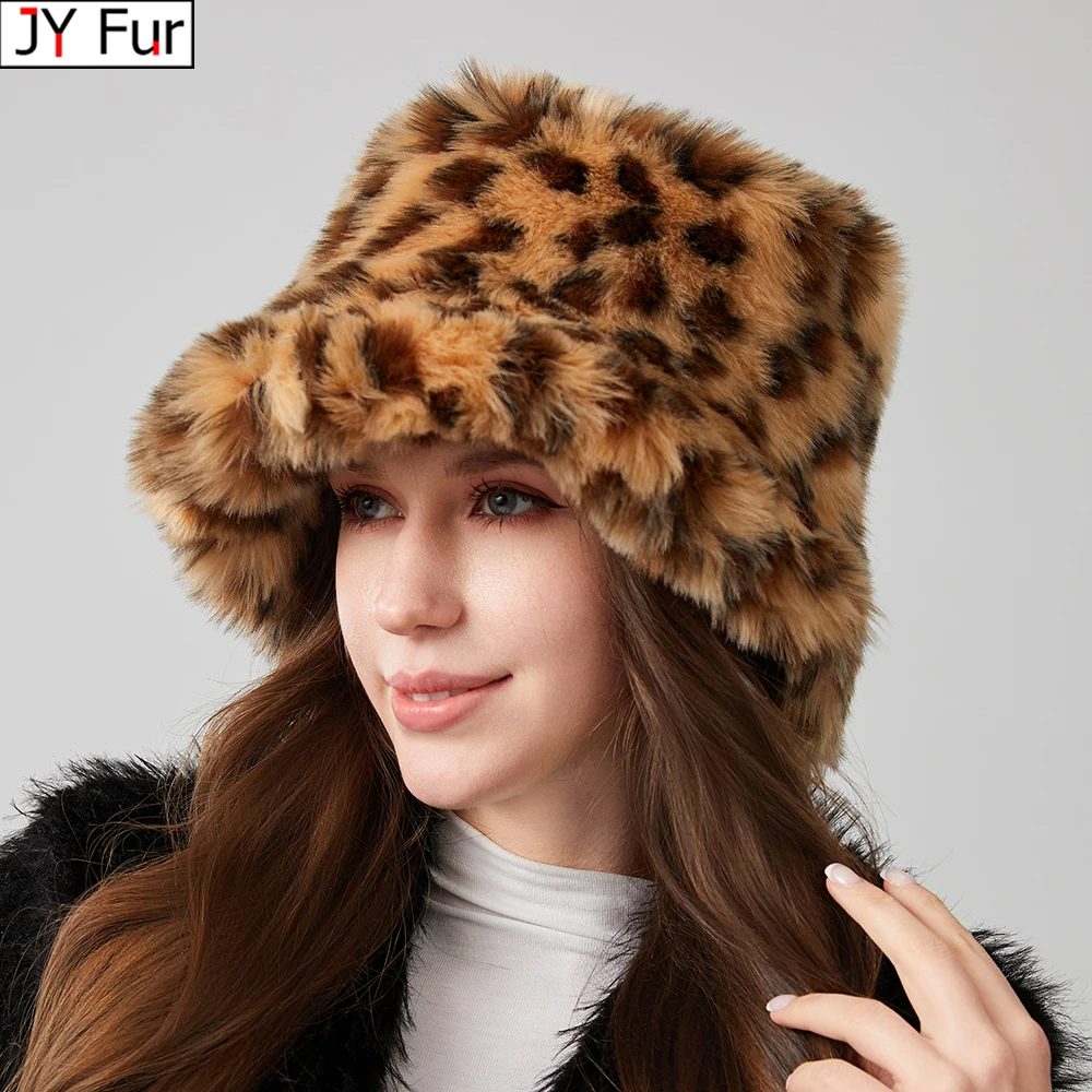 

Retro Leopard Print Faux Fur Bucket Hat Winter Warm Soft Velvet Fisherman Cap Unisex Outdoor Fashion Panama Sun Hat