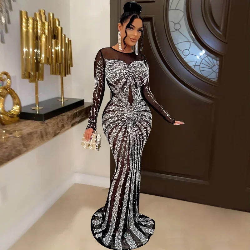 

GUWU Sexy Sparkly Rhinestone Crystal Mesh Sheer Maxi Dress for Women Evening Party Long Sleeve Backless Bodycon Gown Dresses