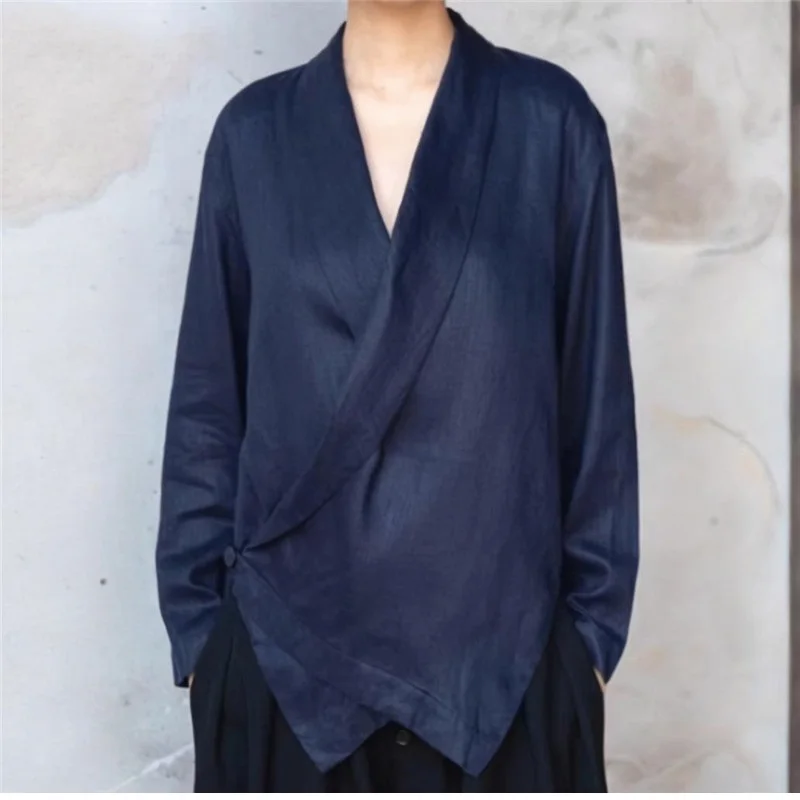 Limiguyue Elegant Navy Blue V-neck Blouse Design Irregular Hem Shirt Women Spring Autumn Basics Single Button Linen Top New 726P