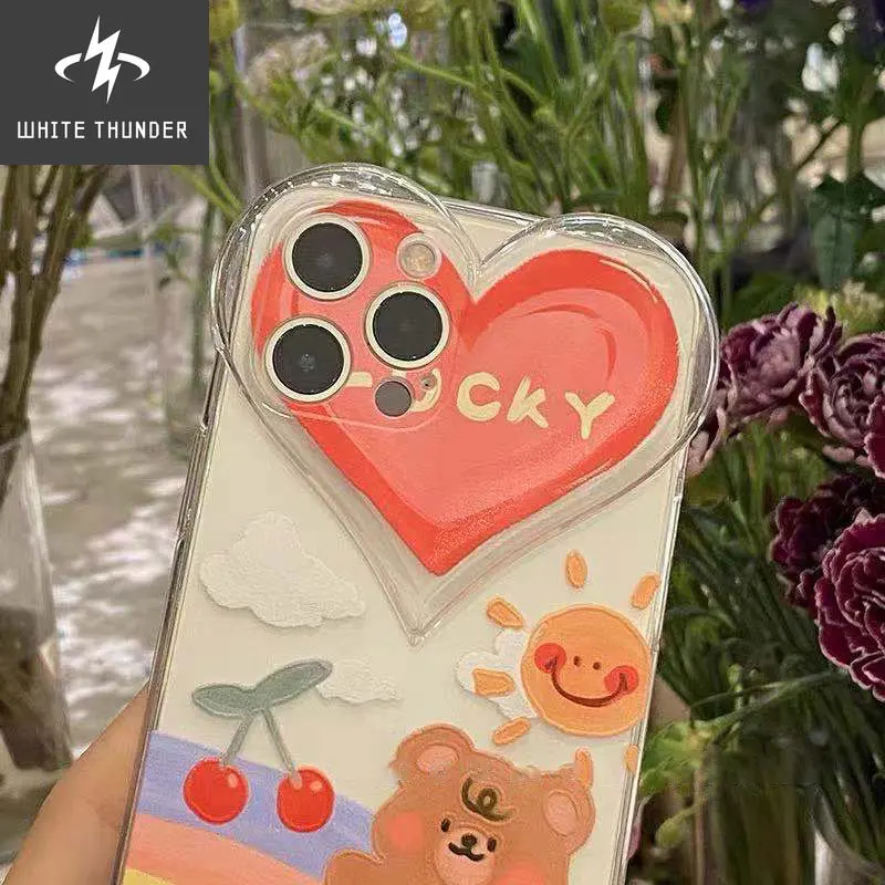 Korean Cute Rainbow LUCKY Bear Love Heart Camera Lens Frame Soft Case For IPhone 7 8 Puls X XR XS 11 12 13 Pro Max Protect Cover