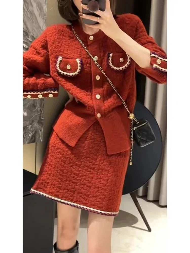 2024 Autumn Winter Knitted Two Piece Sets Womens Office Lady Long Sleeve Knitted Cardigan Sweater High Waist Skirt Suit Women\'s