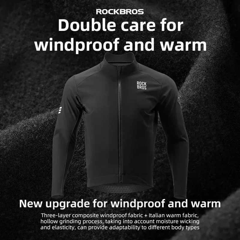 ROCKBROS Windproof Jacket Thermal Fleece Bike Jersey Autumn Winter Outdoor Sport Jacket Coat 0-15°with Italian warm fabric