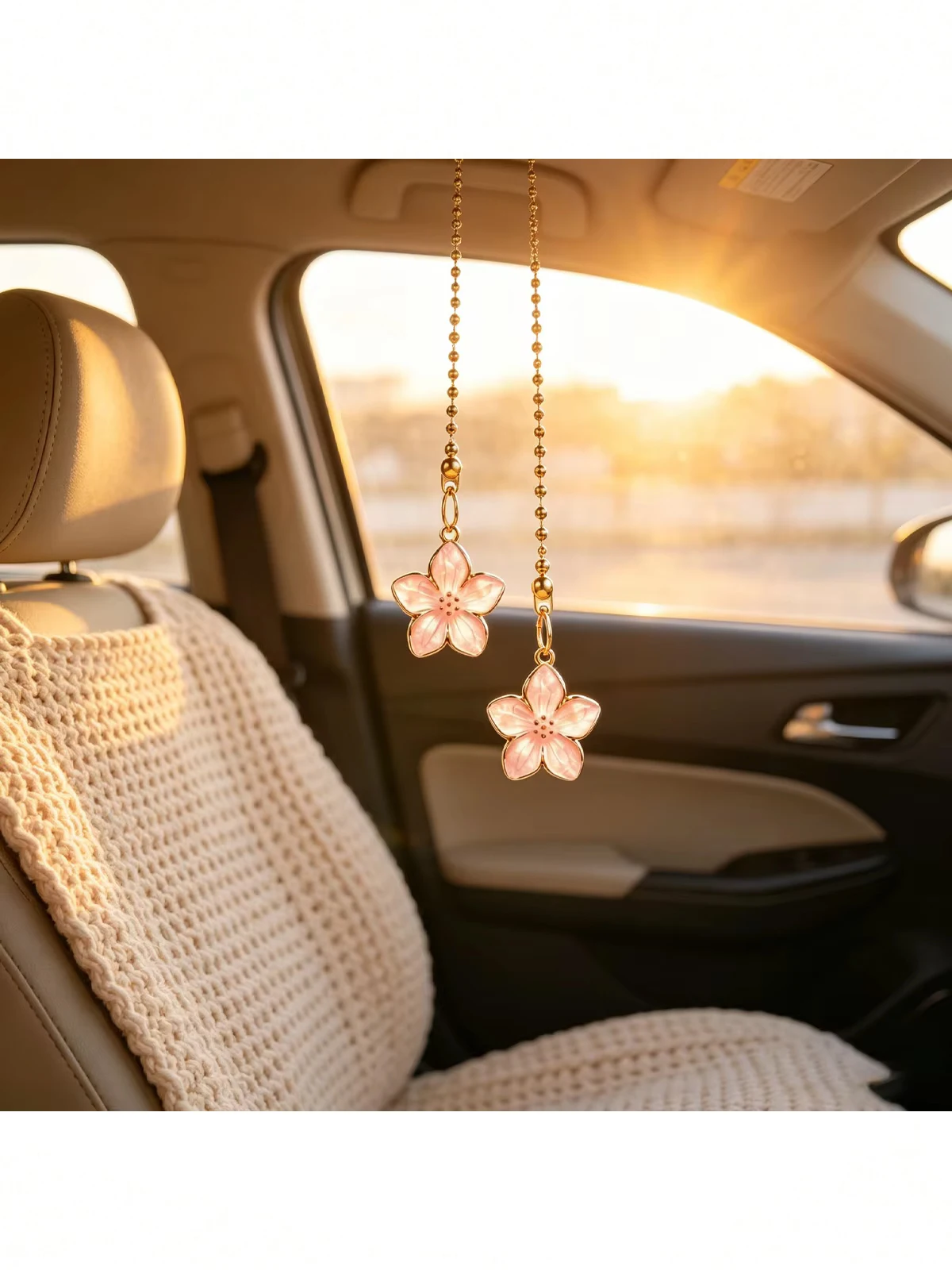 Exquisite Alloy and Enamel Cherry Blossom Car Accessory—Beautiful Floral-Design Rearview Mirror Charm for Women