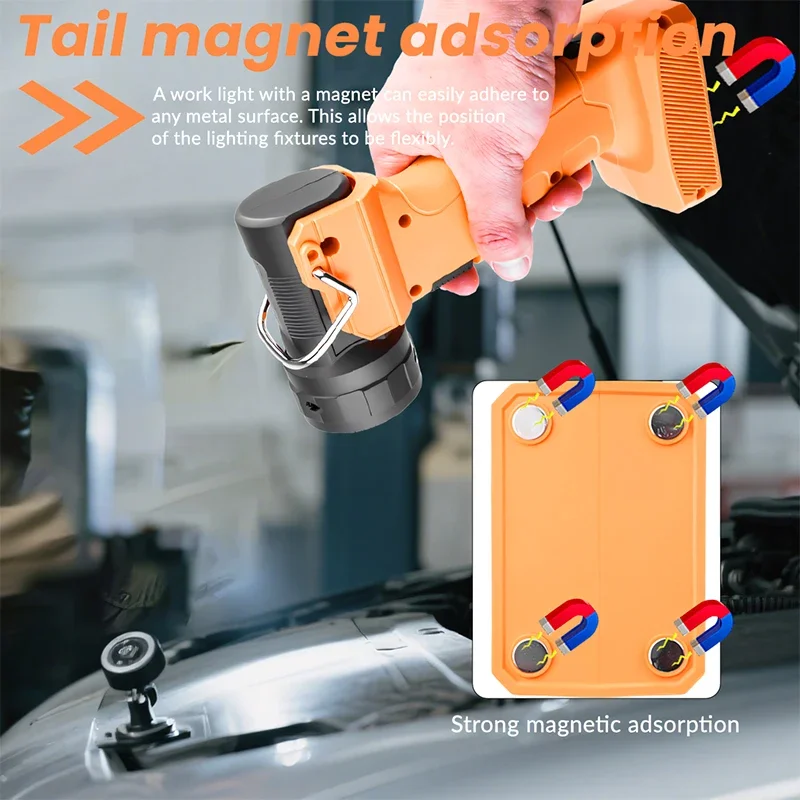 ไฟทำงาน 9LED 4000mAh ชาร์จผ่าน USB Type-C พร้อมตะขอ หมุนได้ 90 องศา ° ไฟฉายฉุกเฉินแบบมือถือสำหรับซ่อมรถยนต์พร้อมฐานแม่เหล็ก