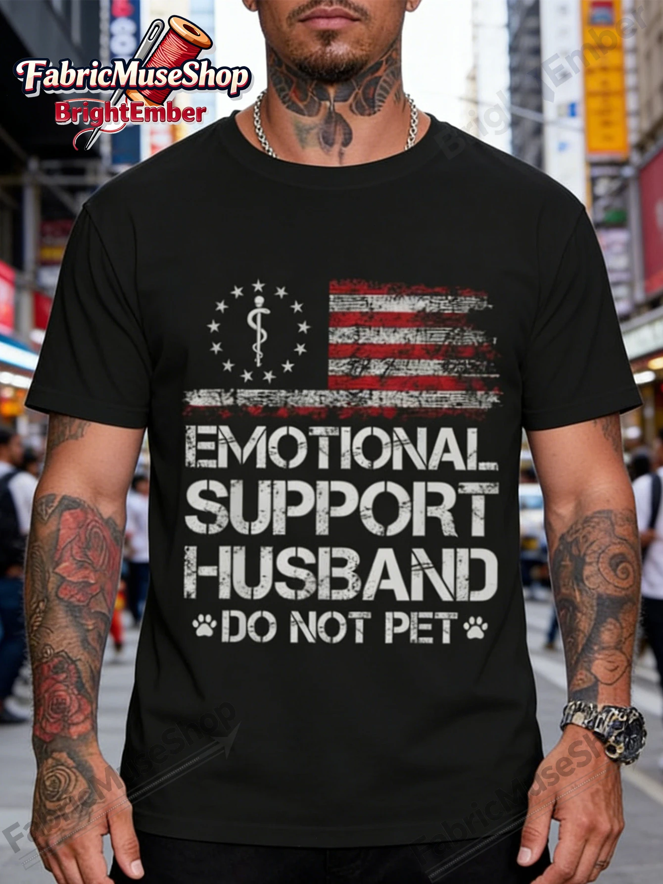 Emotional Support Husband Do Not Pet Vintage American Flag T- Shirt, Funny Tshirt Street Style Oversized Fit, Soft Cotton, Fashi