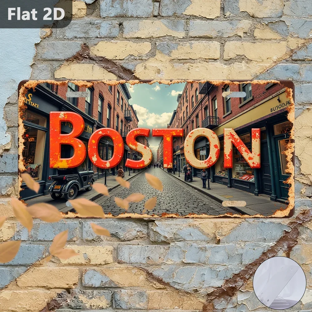 2D Flat, 1pc Boston Cityscape Vintage Metal Sign - Aluminum Wall-Mounted Poster Suitable for Home, Office, Garage & Outdoor