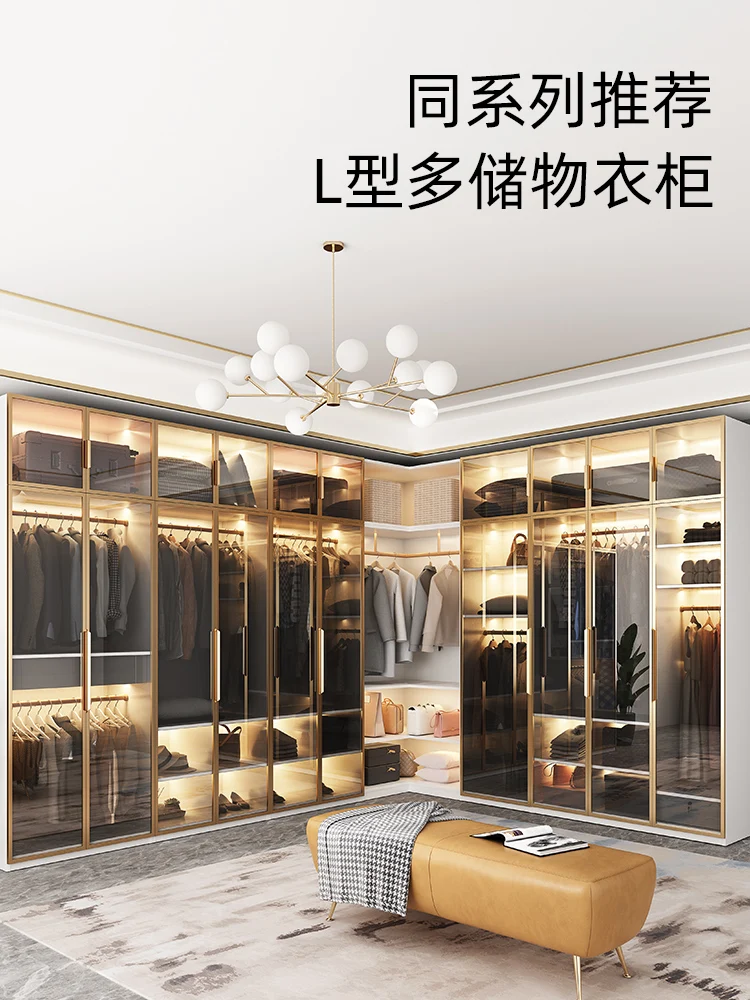 Wardrobe glass door modern minimalist light luxury cabinet wardrobe combination storage cabinet household solid wood bedroom lar