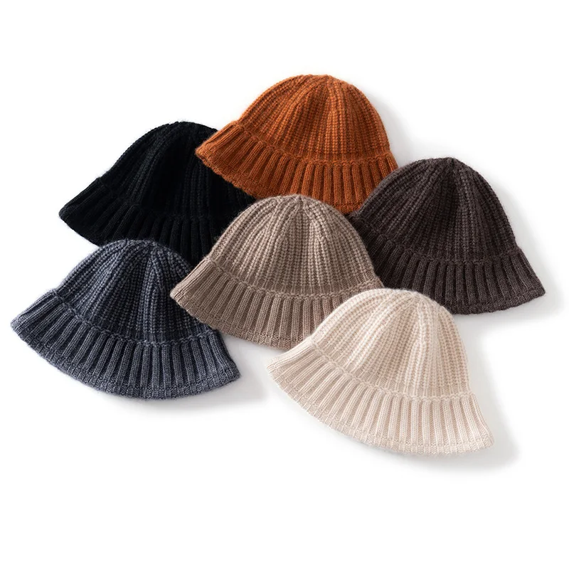 100% Cashmere Knitted Fisherman Hat Women's Winter Outdoor Fashion Bucket Hat High Quality Women's Fashion Korean Bucket Cap
