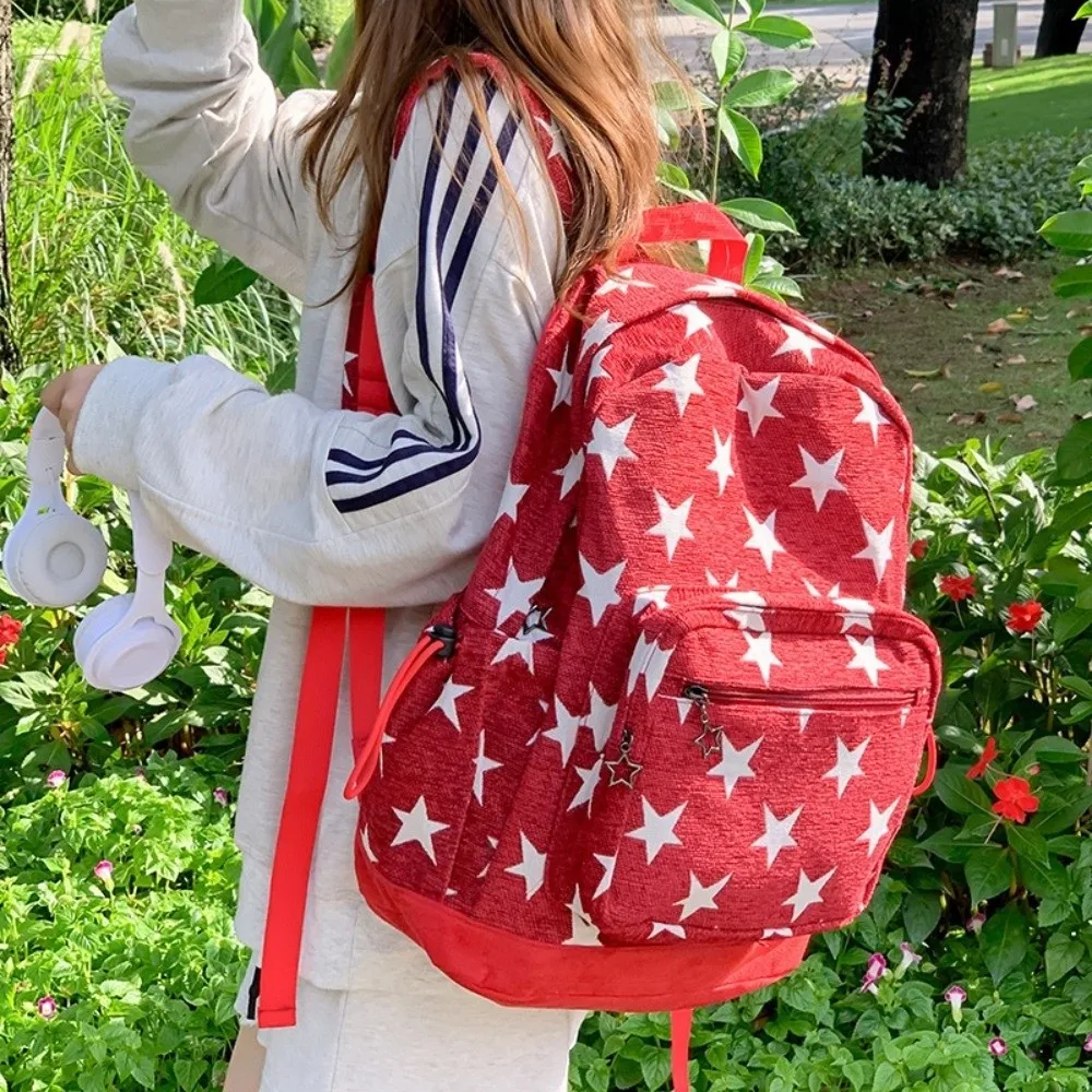 Korean Style Grey Stripes Backpack Multi-pocket Lightweight Star Printing Backpack Adjustable Straps Commuting