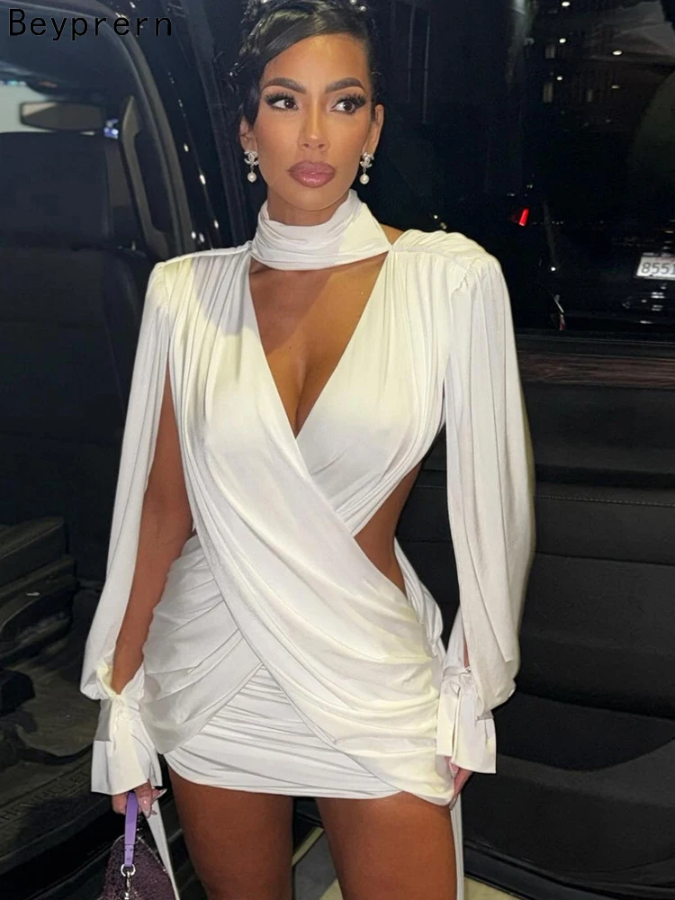 Beyprern elegante gargantilla cuello recortado Twist Front Vestido corto trajes de vacaciones mujeres ahueca hacia fuera el vestido de fiesta fruncido Vestidos femeninos