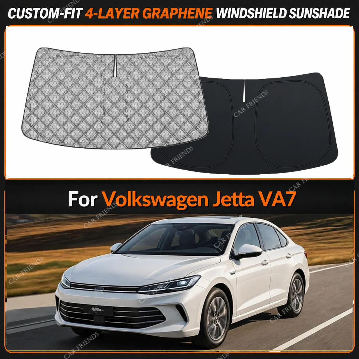 For Volkswagen Jetta VA7 Custom-Fit 4-Layer Graphene Windshield Sunshade Reflective Gray-Silver Surface Foldable Design