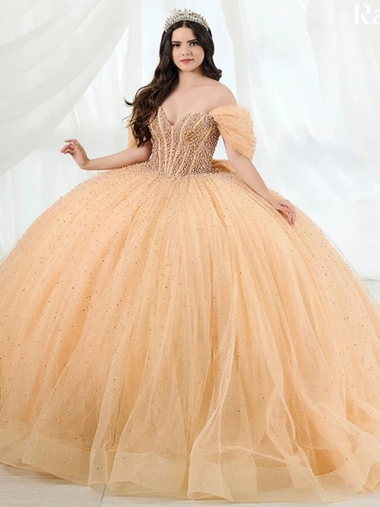 Vestido De quincea con hombros descubiertos, Organza con volantes y encaje bordado, Vestido De fiesta De graduación sin mangas, Vestido De Noche personalizado