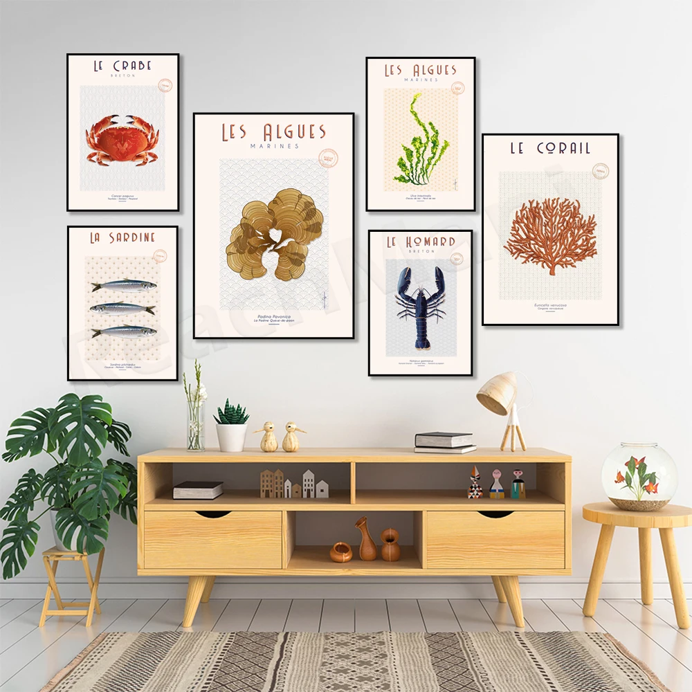 Poster La Coquille Saint-Jacques, Brittany Sardines, Coral, Seaweed Padina, Seaweed Ulva, Breton Shrimp, Crab Wall Art Hortense