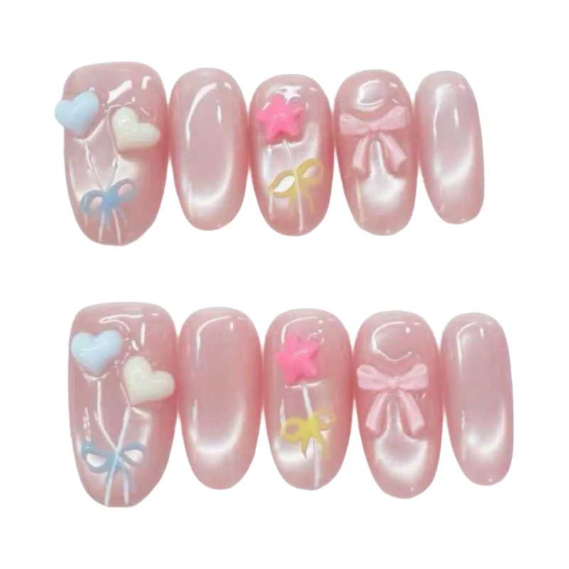 10 pièces doux mignon coeur étoiles arc-en-ciel ballons à la main presse sur les ongles rose coeur oeil de chat faux ongles amovibles réutilisables