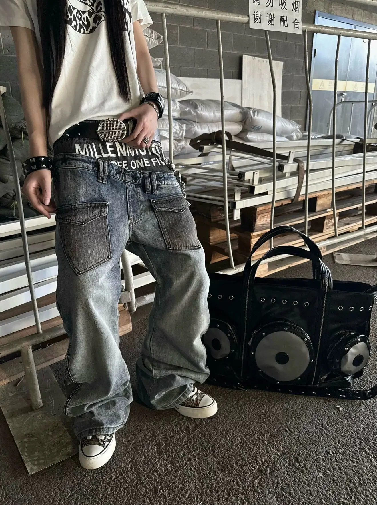 Men's Patchwork Design Jeans Street Sweatpants High Waist Cool Trousers High Waist Sweatpants Male Wide Leg Fashion Street Trous