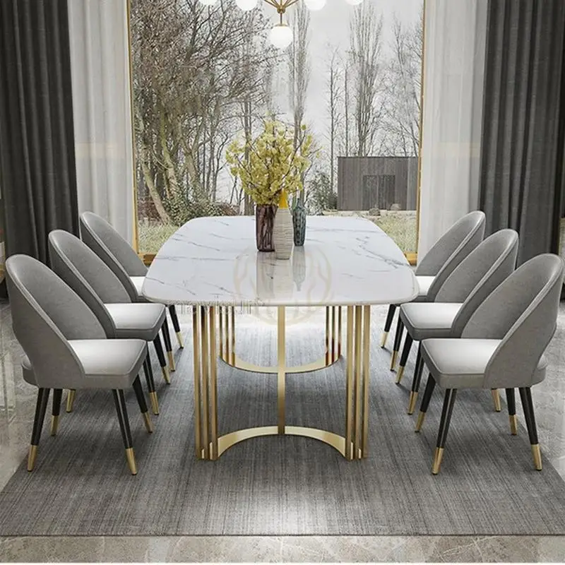 Marble Dining Table Combination Custom Rock Board Nordic Minimalist Small Apartment Simple Rectangular Table And 6 Chair SetCD