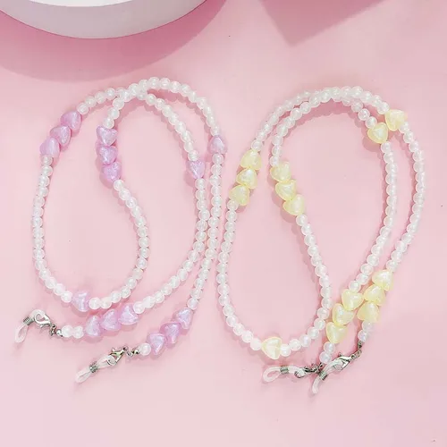 Cadena de gafas con cuentas de corazón de melocotón PERLA para mujer, cordón de joyería para mujer, soporte de máscara antideslizante de amor colorido de moda, cuerda para el cuello