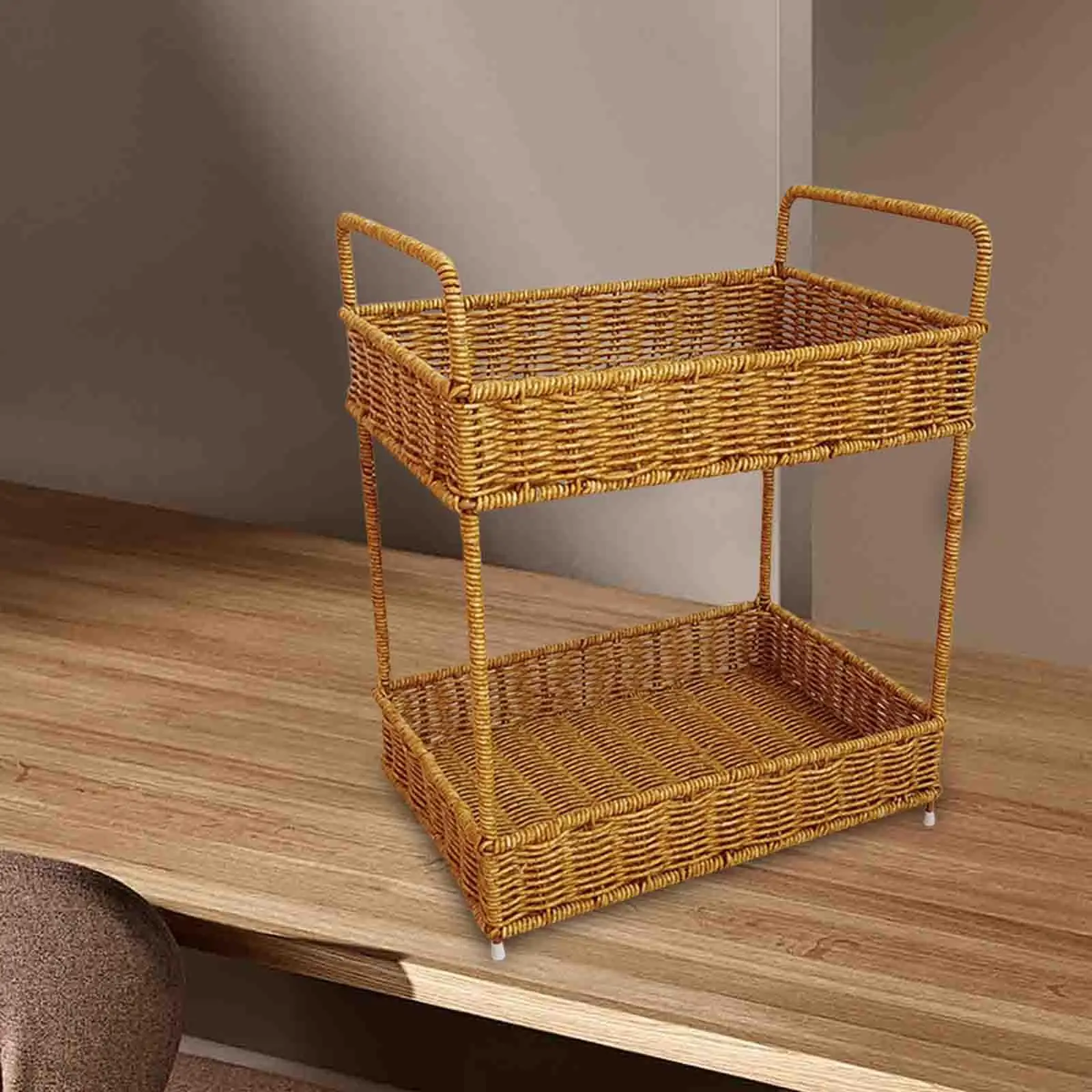 Desktop Storage Organizer Woven Basket Rack Handle Two Layer Shelf for Home Office Bedroom