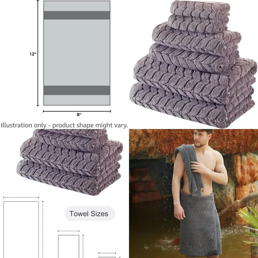 

Luxury Plush Jacquard Turkish Bath Towel Set, Quick-Drying, 6-Piece in Grey