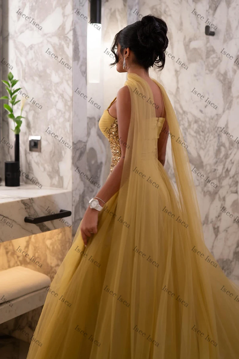 ชุดราตรีสีเหลือง 2025 ผ้าทูลล์วิบวับ ทรงเมอร์เมด ประดับคริสตัล สายเดี่ยว ชุดราตรีงานพรอม คอเหลี่ยม ชุดไปงานแต่งงาน สามารถสั่งตัดได้