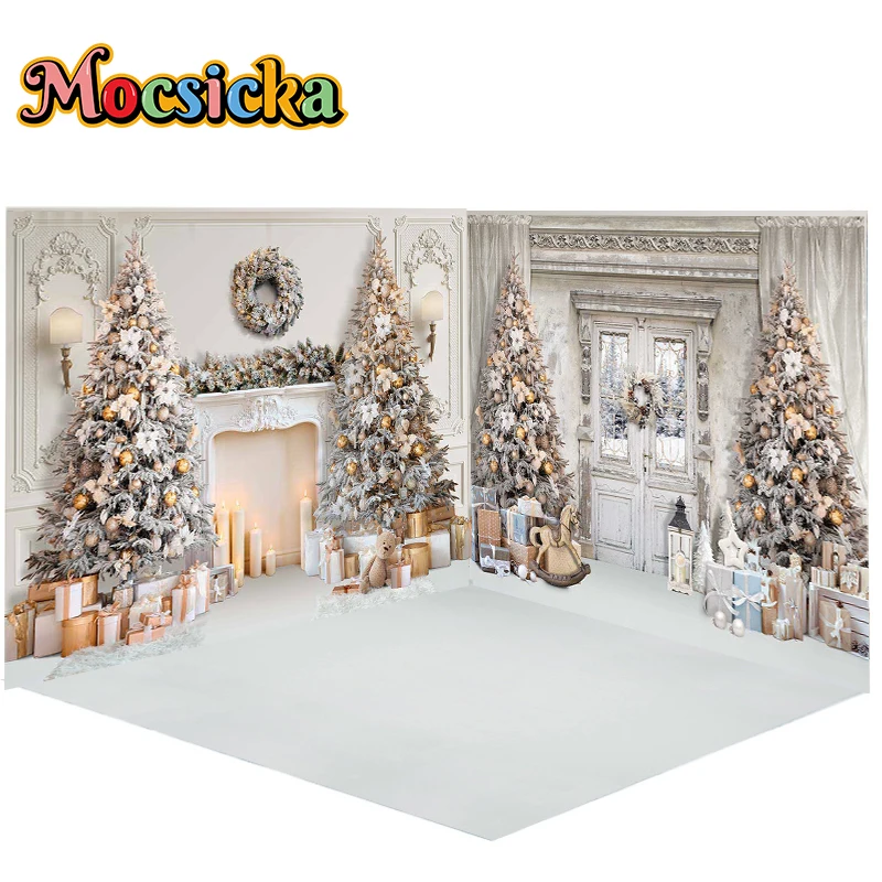 Mocsicka Christmas Backdrops For Photography Fireplace Snow Xmas Tree Photo Background Family Portrait Decorations Photo Studio