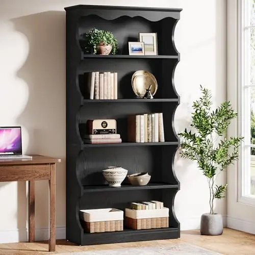 70-Inch Tall Bookcase, 5-Tier Open Bookshelf with Unique Curved-Edge Design, Wooden Freestanding Display Shelves with