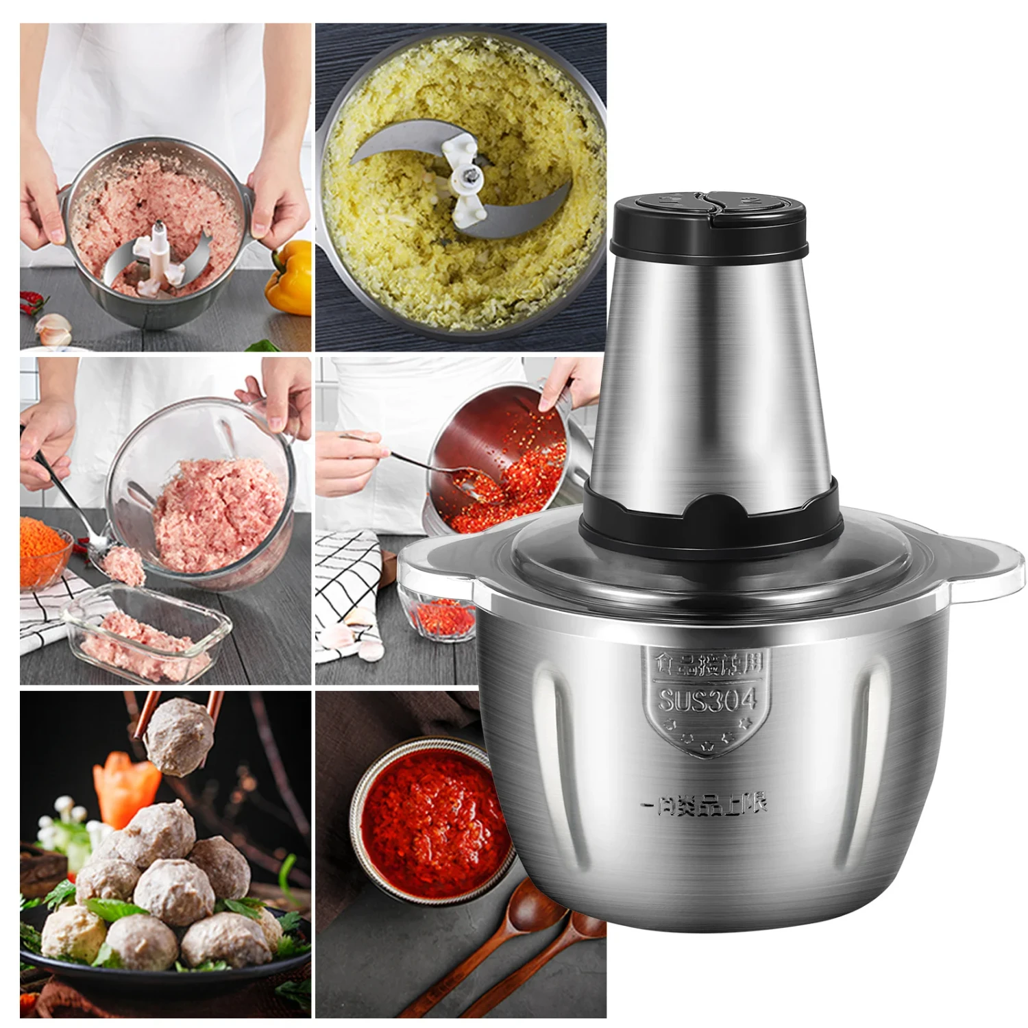 Meat Grinder 2L Stainless Steel Food Processor for Meat Vegetables Fruits Nuts 2-Speed Control Food Chopper