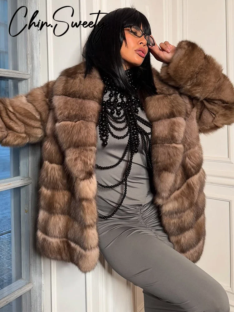 Luksusowy płaszcz ze sztucznego futra damski brązowy gruby długi rękaw kołnierz wykładany luźna kurtka damska 2025 zimowy elegancki ciepły płaszcz wierzchni