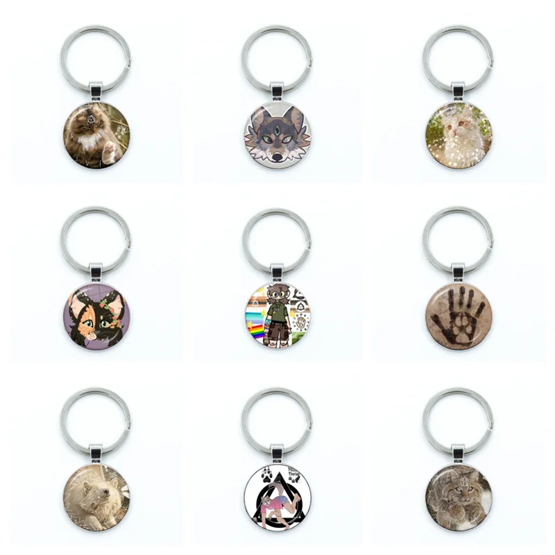 Cartoon Cat Therian Cute Wolf Fox Theta-Delta Sign Aesthetic Glass Dome Key Ring Pendant Children\'s Bag Accessories Gift