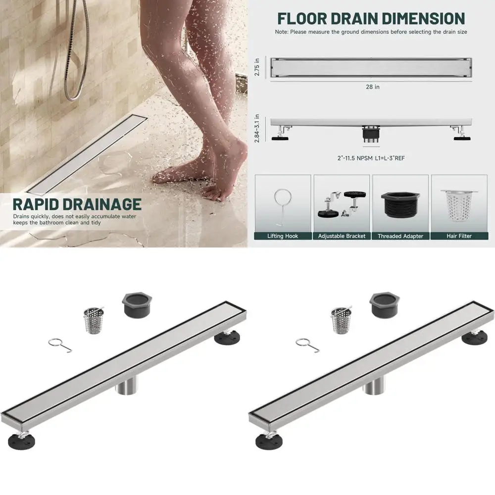 28-Inch Brushed Nickel Linear Shower Floor Drain with Hair Strainer