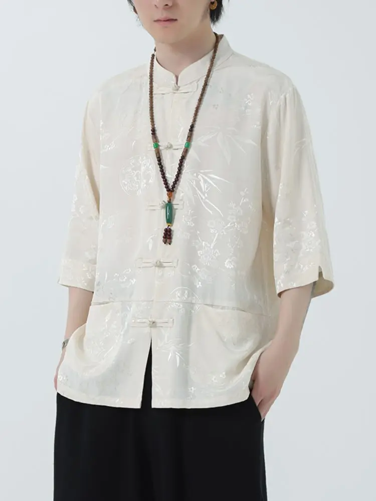 

Мужская летняя рубашка из ледяного шелка с коротким рукавом, тонкая, в стиле ретро, на пуговицах, свободного кроя, больших размеров, с воротником-стойкой, охлаждающая, с эффектом прохлады