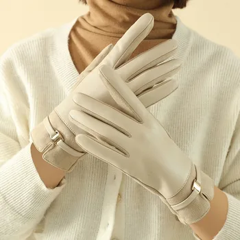 Guantes de invierno de piel de ante para mujer, guantes elegantes a la moda con pantalla táctil que mantienen el calor, hebilla de Metal ligeramente impermeable a prueba de viento para ciclismo