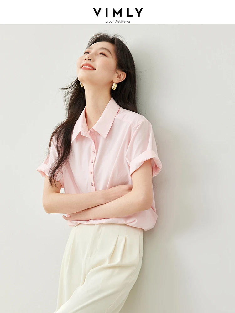 Vimly-Blusa feminina de manga curta com gola polo, camisa casual de botões, rosa, lapela reta, estilo francês, verão, M6920, 2024