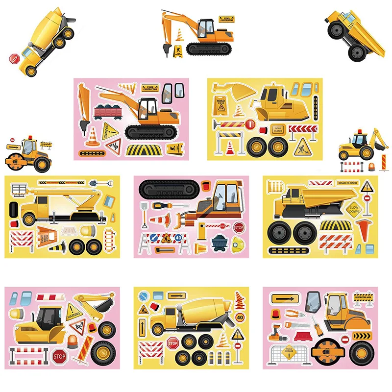 8 Sheets/Set Assemble Your Own Engineering Vehicles Stickers Kids Funny Cartoon DIY Waterproof Interactive Sticker Decoration