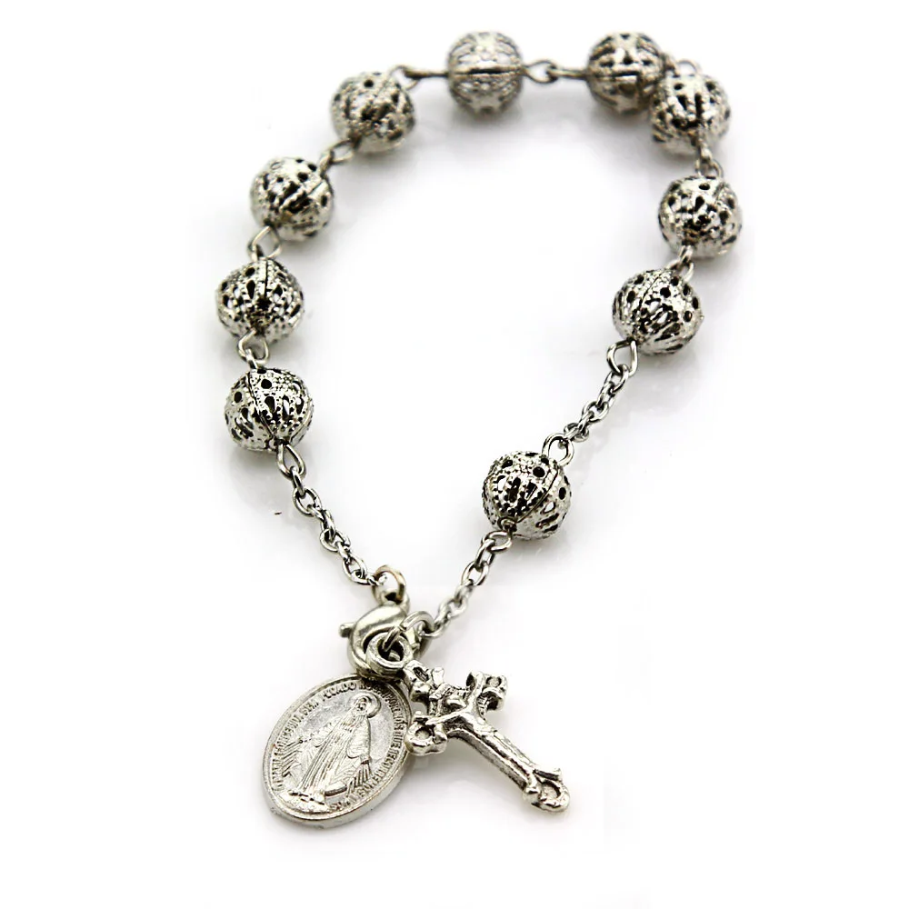 Retro Ancient Silver Plated Metal Hollow Beads Cross Pendant Bracelets Catholic Christian Religious Belief Prayer Jewelry Gifts