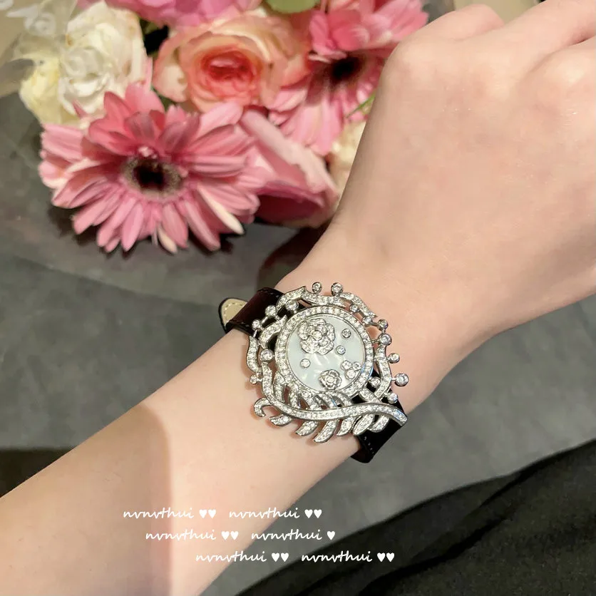 925 Sterling Silver Camellia Blossom Wristband Bracelet with PU Belt Women Exquisite Luxury CZ shell Bangles Anniversary Gift