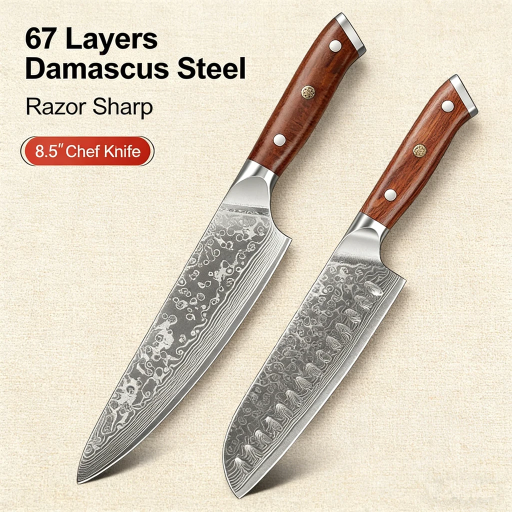 

2 шт. японские кухонные ножи, 67 слоев дамасской стали, резак для приготовления овощей и мяса, высокоуглеродистая прочная ручка из палисандра