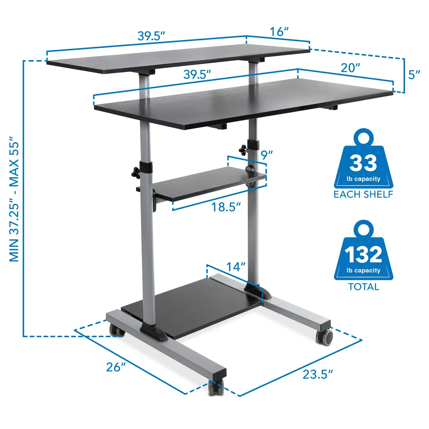 Height Adjustable Rolling Mobile Standing Desk With 4 Tier Platforms 40 Wide Workstation Presentation Cart, Customized