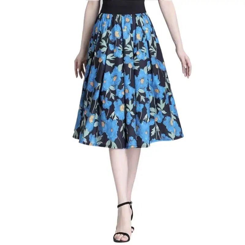 

Summer Party Maxi Skirt Women Korean Blue Print High Waist Mid Length Skirt A-Line Skirt Boho Beach Midi Skirts Large Size S-7XL