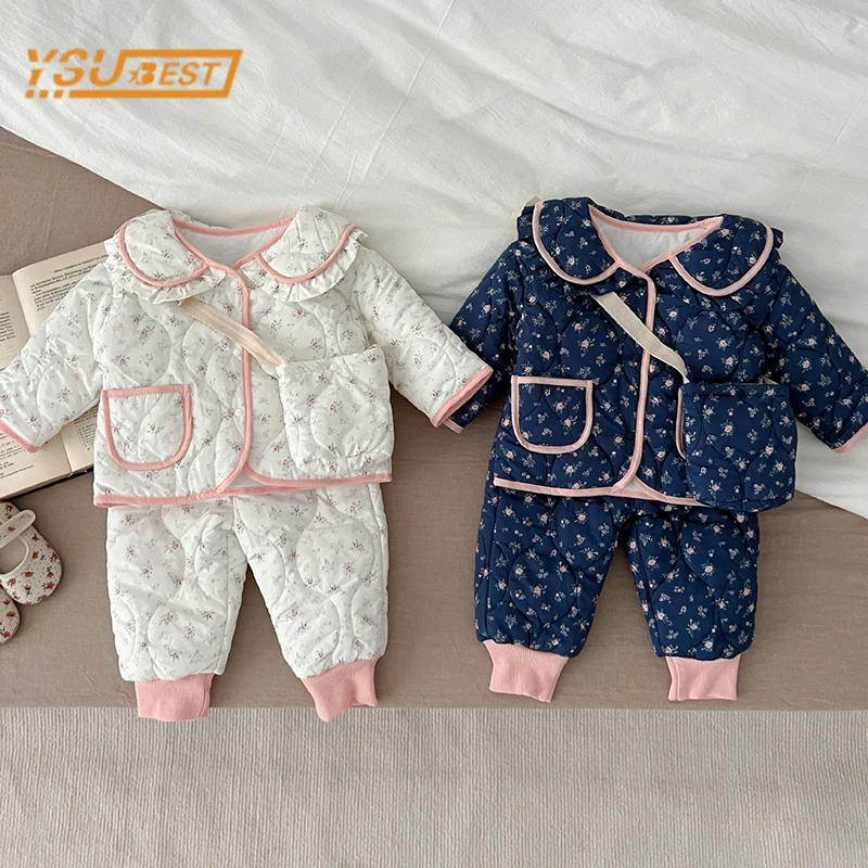 Infant Kids Baby Girls Long Sleeve Cute Printing Cotton Coat + Pants Clothing Sets Winter Kids Baby Girls Thicken Clothes Suit