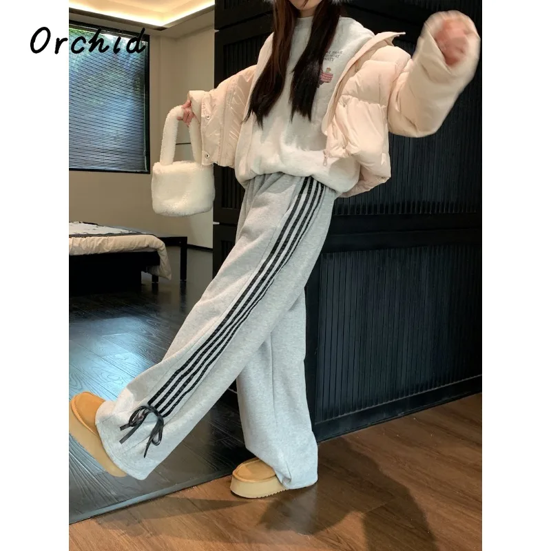 2024 Spring Women\'s Wide Leg Elastic Waist High Waist Sweatpants Korean Baggy Casual Streetwear Daily Striped Joggers Pants