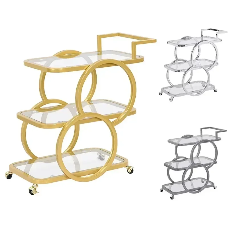 Customized Glass Trolley Mobilet Vintage Folding Tea Cart Party Serving Trolley Snack Candy Wine Bar Cart For kitchen