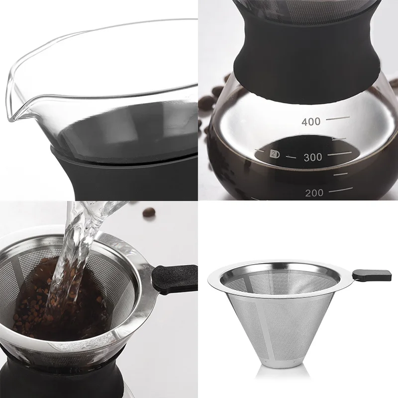 Pour Over Coffee Maker Set with Reusable Stainless Steel Filter Elegant Coffee Dripper Pot,Glass Carafe Permanent for Camping