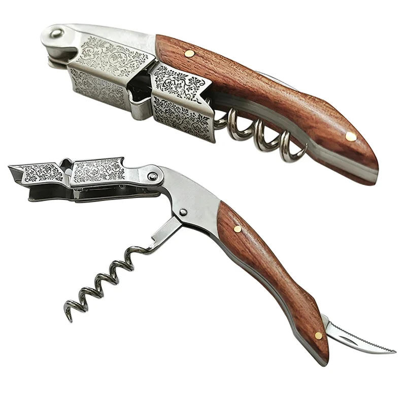 Sacacorchos para vino y abridor de cerveza con mango de acero inoxidable y caoba, utilizado en cocina y bar