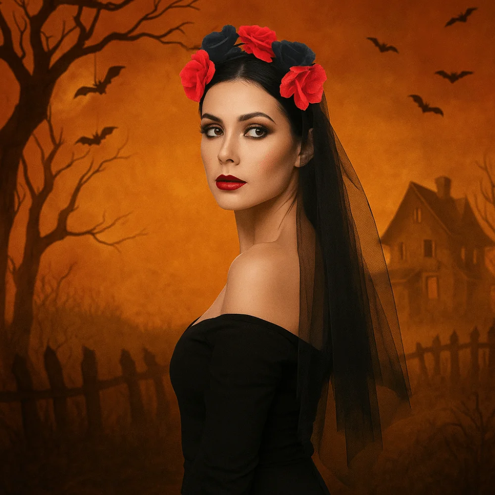 

Cool Black Rose Skull Hair Band Lace Gothic Halloween Headband Garland Artificial Rose Cosplay Headdress Bride