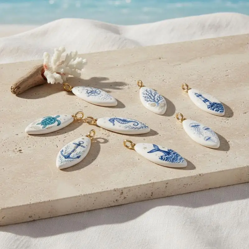 Ocean Jewelry Gold Plated Drop Charms 1Pc Blue Shell Turtles Seahorses Pendant for DIY Anklet Keychain Craft Accessories Gift