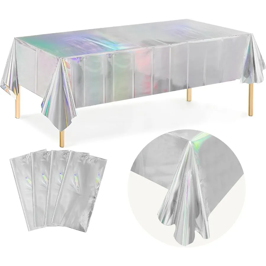 مفرش المائدة قزحي الألوان لتزيين الحفلات 4 عبوات 54 بوصة × 108 بوصة مفارش المائدة البلاستيكية للاستعمال مرة واحدة لعيد الميلاد ديسكو ليزر فضي مستطيل