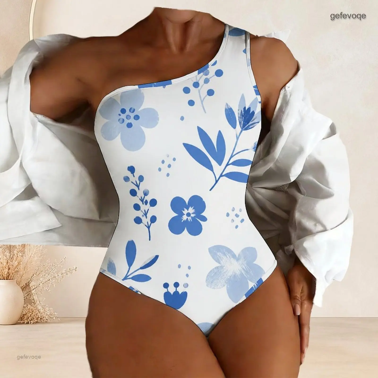 One Shoulder One Piece Asymmetric Neck Printed Swimsuit for Women