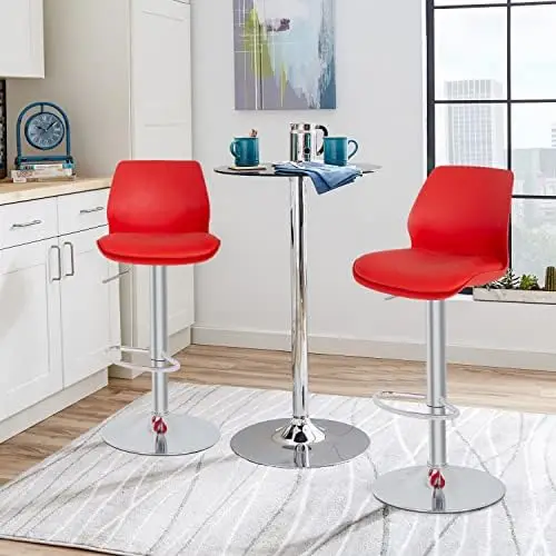 Stools Set of 2 for  and Kitchen  Stools   Barstool with Polypropylene Back and Soft Leather Seat Swivel Adjustable  Chairs (Red